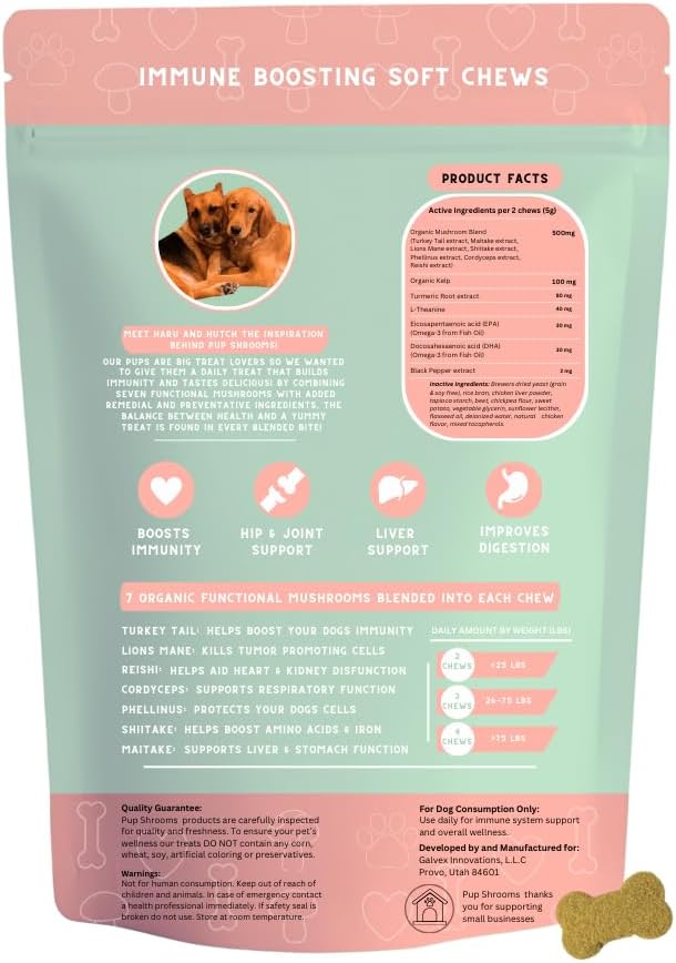 - Pup Shrooms - Mushroom Complex Soft Chews for Dogs - Lion's Mane, Turkey Tail, Shiitake - EPA, DHA, Turmeric and Organic Kelp - 160 Count - Boosts Immunity, Improves Digestion, Hip & Joint Support
