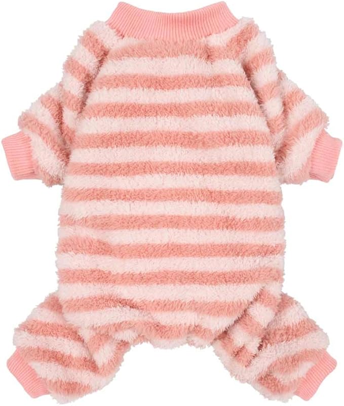 Fitwarm Fuzzy Fleece Stirped Dog Pajamas, Dog Winter Clothes for Small Dogs Girl, Cozy Dog Onesie, Pet Jumpsuit, Doggy Apparel, Pink, White, XL