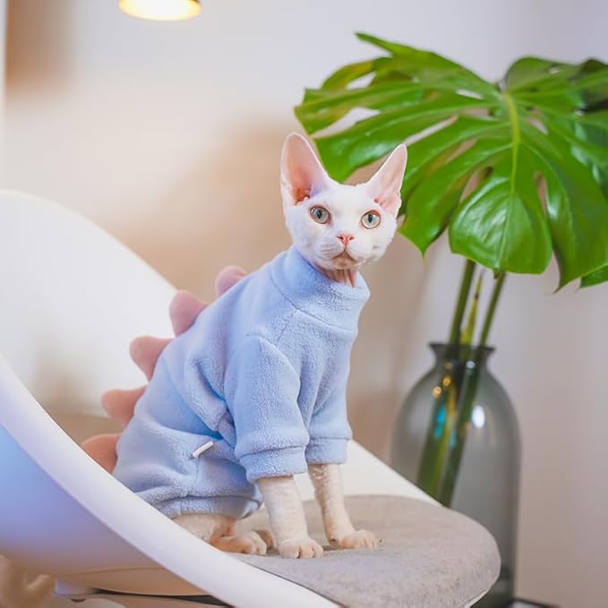 Dinosaur Sphynx Cat Clothes, Soft Polar Fleece Sweater for Cat, Elastic Pet Clothes Thick Winter Warm Outfit for Hairless Cat, Devon, Cornish, Small Dogs Apparel with Sleeves (Sky Blue, Small)