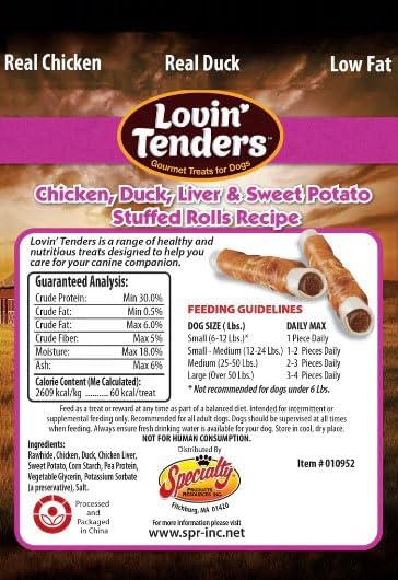 Lovin Tenders Chicken Duck Liver & Sweet Potato Stuffed Rolls Dog Treats (2 Pack - 8 oz per Pack)
