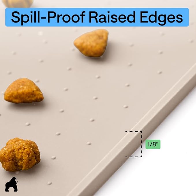 GORILLA GRIP 100% Waterproof Raised Edge BPA Free Silicone Pet Feeding Mat, Dog Cat Food Mats Contain Spills Protects Floors, Placemats for Cats and Dogs Water Bowl, Pets Accessories 28x18 Cream
