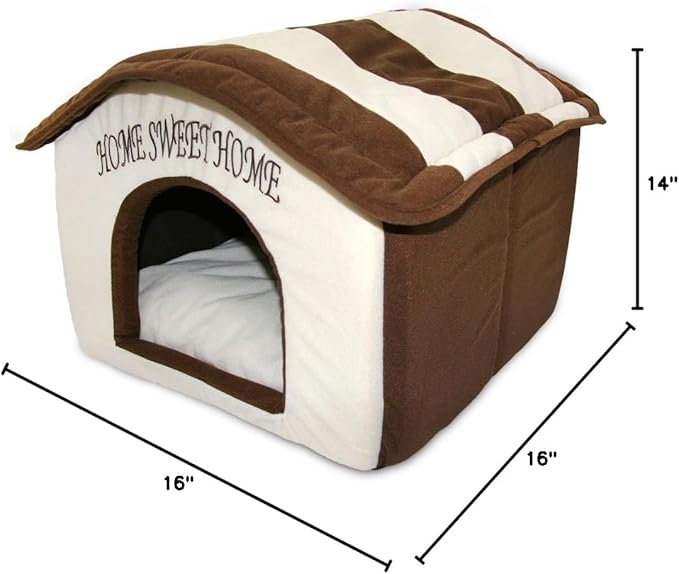 Best Pet Supplies Cat Bed for Indoor Cat, Domed Tent House with Removable Pillow, Covered Cat Cave for Small Dog, Puppies and All Breeds of Cats - Beige w/ Brown Stripes, 16 x 16 x H:14"