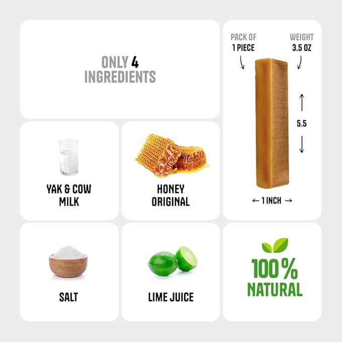 1 Large Honey Yak Cheese Himalayan Dog Chews - Rich Protein & Low Fat Honey Yak Chews for Dogs - Gluten-Free & Lactose-Free Treats for Small, Medium & Large Dogs