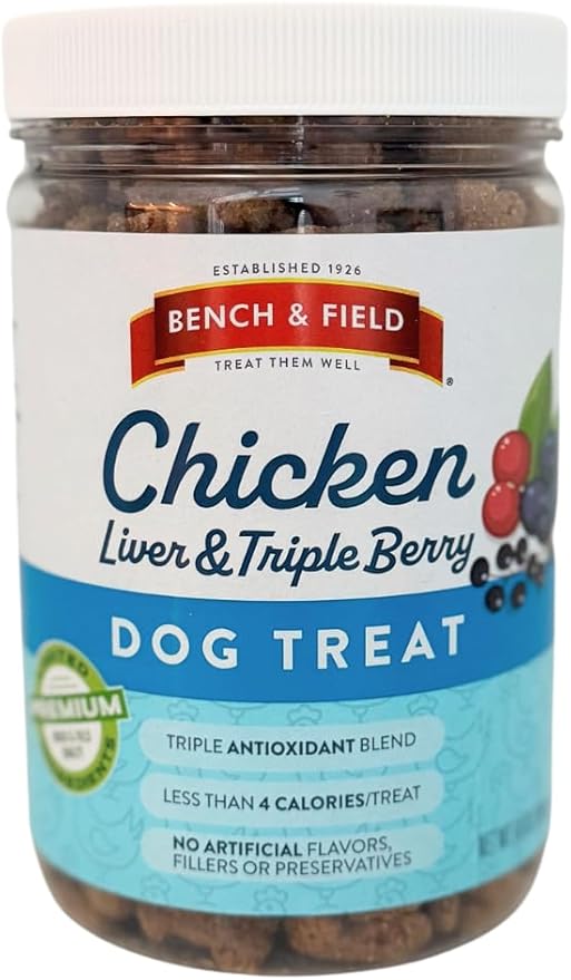 Bench & Field Holistic Natural Chicken Liver & Triple Berry Dog Treats (Pack of 3) | Crunchy Bone-Shaped Bites | Antioxidant Blend, (3) 10-Ounce Bottles