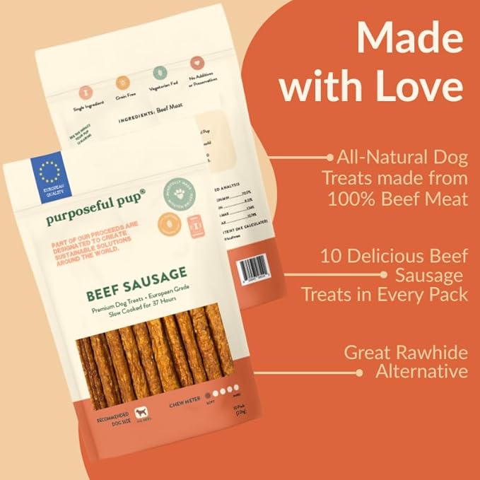Beef Sausage Dog Treats, 10 Pack – All Natural, Single Ingredient, Grain-Free Chews for Dogs | Premium European Quality | High-Protein, Air-Dried, Healthy Snack
