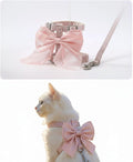Cat Harness with Bow Pink Soft Velvet Chest Strap for Kittens and Cats, Adjustable Pet Leash for Walks, Cute Dog Collar Accessory (Pink,Small (3-7 lbs))