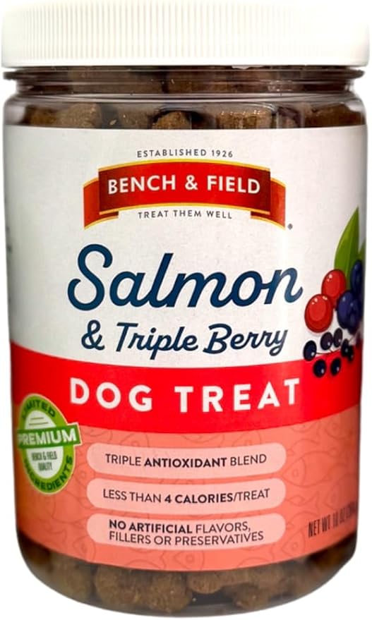 Bench & Field Holistic Natural Salmon & Triple Berry Dog Treats (Pack of 3) | Crunchy Bone-Shaped Bites | Antioxidant Blend, (3) 10-Ounce Bottles