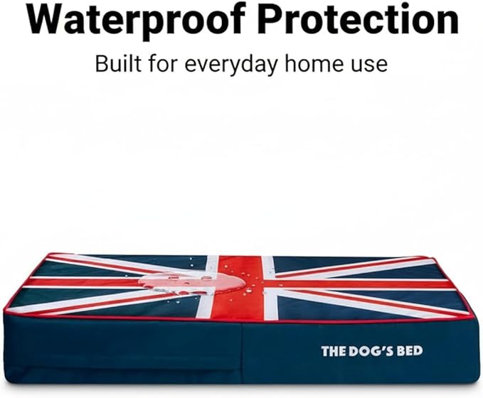 The Dog’s Bed Orthopedic Memory Foam Dog Bed for Large Dogs, Waterproof Washable Cover, Anti-Slip Base, Calming Surface – CertiPUR-Certified Foam, Blue & Red Trim UK Center Flag, 6 Inch Thick