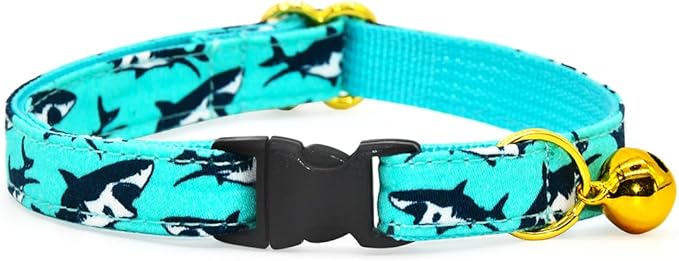 Oceanic Sharks Cat Breakaway Collar Bow Tie with Bell, Wedding/Birthday Cat Accessories