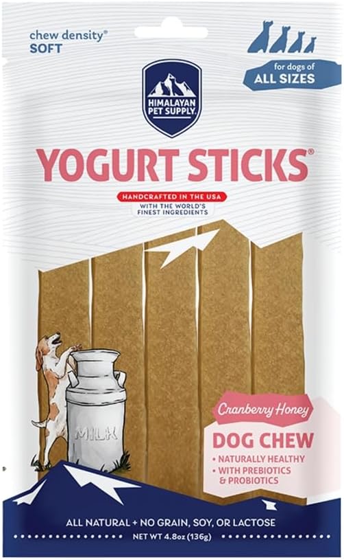 Himalayan Pet Supply Yogurt Sticks Dog Treats in 3 Flavors with Honey: 1 Strawberry, 1 Cranberry & 1 Apple Flavor (3 Bags Total, 5 Sticks/Bag, 4.8 Oz Bags) Plus Shaynanigans Lid