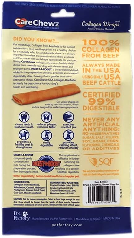 Pet Factory CareChewz Collagen 6-7" Small Wraps Dog Chew Treats - Chicken Flavor, 4 Count/1 Pack
