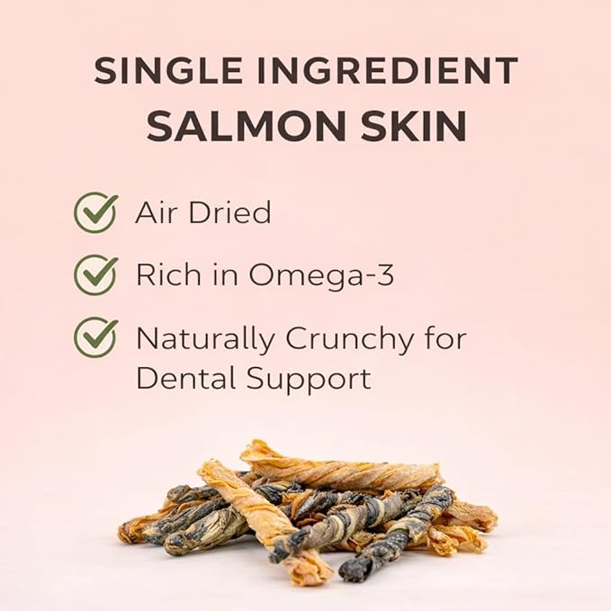 TAIL & TONIC Salmon Skin Dog Treats - Single Ingredient, Air-Dried Chewy Fish Skins, High Protein, Omega-3 Rich Dental Chews (Salmon Skin Twist)