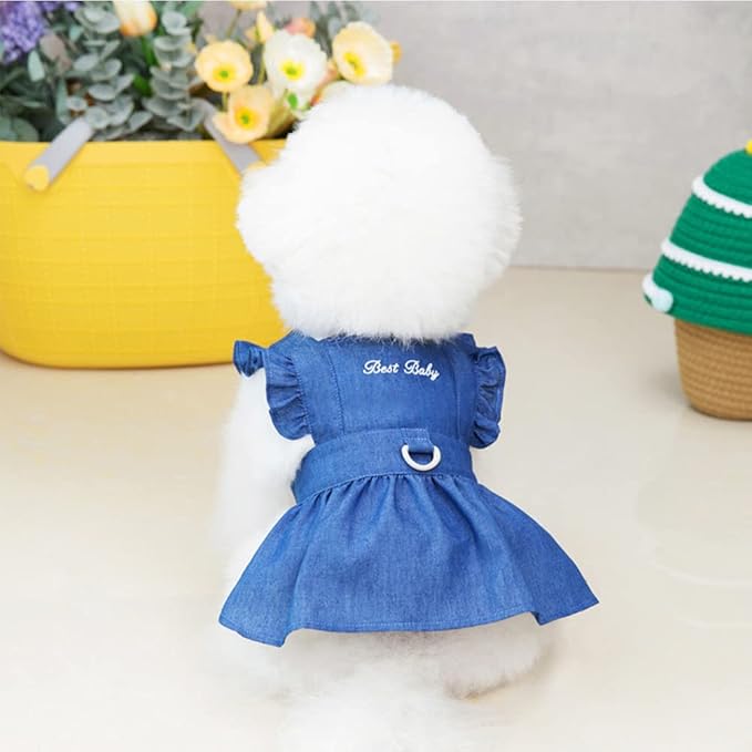ANIAC Dog Denim Dresses for Small Medium Dogs Puppy Girl Clothes with Leash Ring Summer Cat Apparel with D-Ring Pet Dog Walking Harness Dress(Blue-2, X-Small)