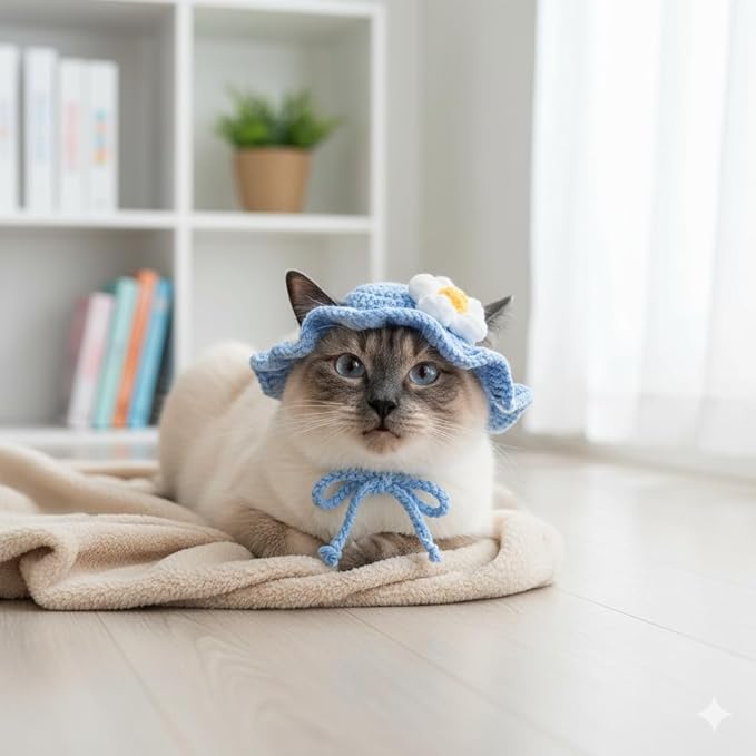 Cat Part Hat with Ear Holes and Adjustable tie, Soft Polyester, Washable| Cute Flower Party Hat for Cats,BlueM,4–16 lbs, Holiday & Photo Outfit
