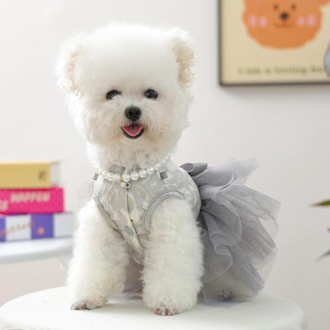 ANIAC Gray Dog Dress for Small Dogs Female,Bow Knot Girl Puppy Clothes with Detachable Pearl Necklace, Elegant Cat Dress, Formal Pet Pary Outfit for Wedding Birthday Valentines (Gray, Large)