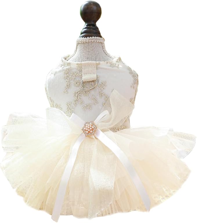 ANIAC Embroidered Dog Dress for Small Dog,Girl Puppy Princess Tutu Dress with Leash Ring,Cat Apparel,Chihuahua Yorkie Clothes for Birthday Wedding (X-Large, Champagne)