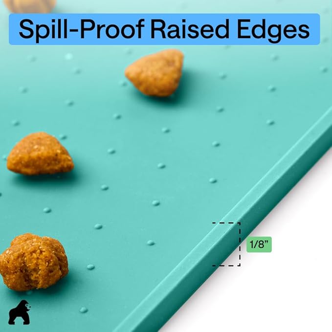 GORILLA GRIP 100% Waterproof Raised Edge BPA Free Silicone Pet Feeding Mat, Dog Cat Food Mats Contain Spills Protects Floors, Placemats for Cats and Dogs Water Bowl, Pets Accessories 32x24 Turquoise