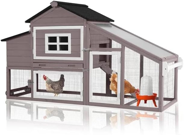 GUTINNEEN Chicken Coop with Wheels, Expandable Hen House Poultry Cage with Run, UV-Protected Roof, Divided Nesting Boxes, Easy One-Person Move, Ideal for 2 Adult Chickens or 4 Bantams, 72.3" L, Brown