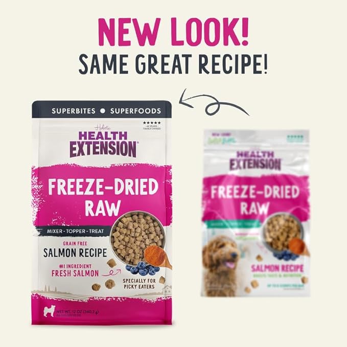 Health Extension SuperBites Freeze-Dried Raw Salmon Meal Mixer for Dogs, (3.5 oz, 99.2 g) – Premium Blend with Raw Proteins and Superfoods for Optimal Nutrition