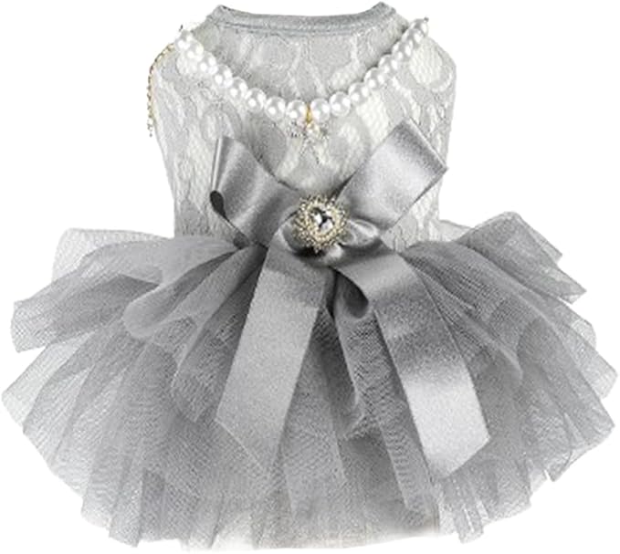 ANIAC Gray Dog Dress for Small Dogs Female,Bow Knot Girl Puppy Clothes with Detachable Pearl Necklace, Elegant Cat Dress, Formal Pet Pary Outfit for Wedding Birthday Valentines (Gray, Large)