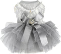 ANIAC Gray Dog Dress for Small Dogs Female,Bow Knot Girl Puppy Clothes with Detachable Pearl Necklace, Elegant Cat Dress, Formal Pet Pary Outfit for Wedding Birthday Valentines (Gray, Large)