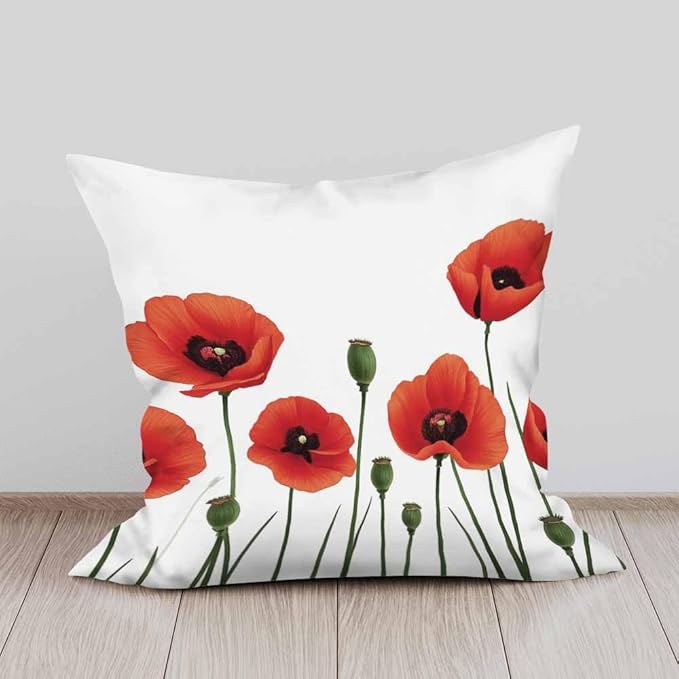 Throw Pillow Covers Red Poppies Field and Green Bud Watercolor Soft Square Pillowcase,Cushion Case for Couch Sofa Bed Bedroom Car Living Room 18X18 Inch Pack of 2
