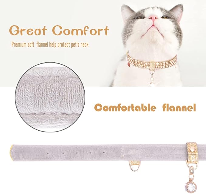 PetsHome Cat Collar, Dog Collar, [Bling Rhinestones] Premium PU Leather with Pendant Adjustable Collars for Big Cat and Small to Medium Dog Small Gold