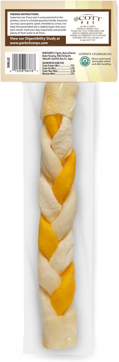 Pork Chomps Roasted Pork Skin Dog Chew, 8-inch Braid, Peanut Butter Flavor, 1 Count (Pack of 3)