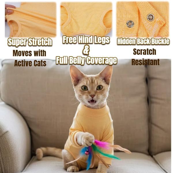 Cat Recovery Suit, Kitten Onesie After Spay, Small Cat Onesie for Cats After Surgery Female Male, Kitten Recovery Suit Abdominal Wound, Collar Alternative Cat Surgical Body Suit for Kittens(Orange, S)