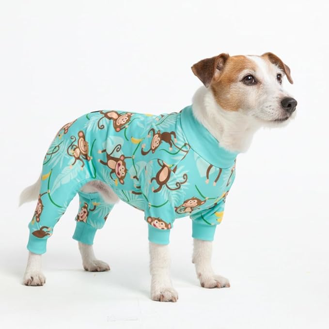 Spark Paws Dog Pajama, Dog Recovery Suit Male, Onesie, Ultra-Soft and 4-Way Stretch, for Small Medium and Large Breeds - Monkey Business - L