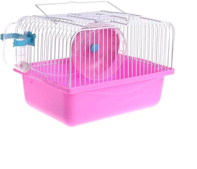Small Pet Hamster Cage with Running Wheel Water Bottle Food Basin Portable Carrier House Mice Home Habitat for Going Out, Traveling (Pink)