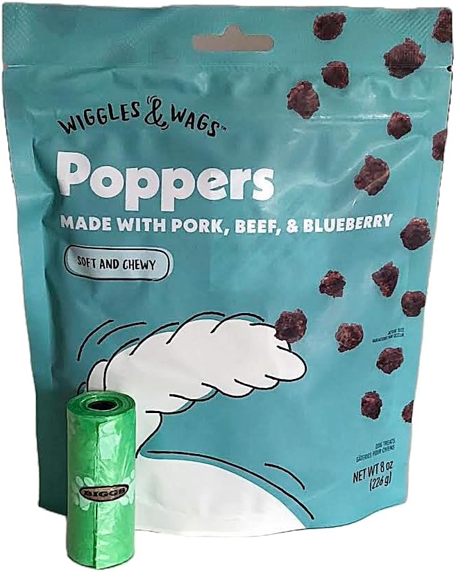 Wiggles & Wags Poppers Made with Pork, Beef and Blueberry Soft and Chewy Dog Treats. Plus Biggs Dog Waste Bags. 1-8oz (226 g) Bag.