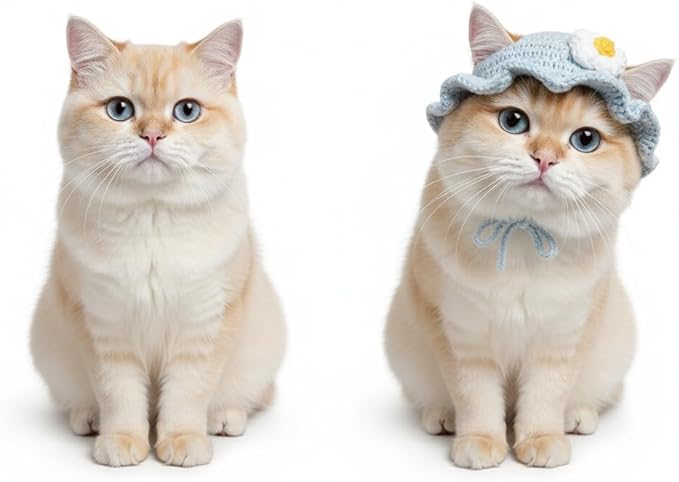 Cute Cat Hat with Flower Design - Soft Knitted Pet Costume for Small & Medium Cats | Lightweight Polyester, Adorable Styling for Photoshoots, Birthday & Daily Dress Up (Light Blue)