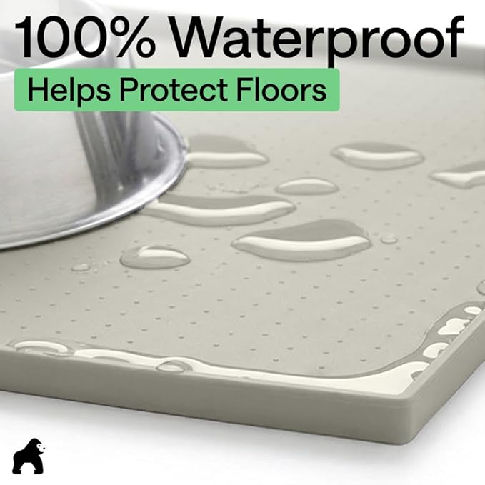 GORILLA GRIP 100% Waterproof Raised Edge BPA Free Silicone Pet Feeding Mat, Dog Cat Food Mats Contain Spills Protects Floors, Placemats for Cats, Dogs Water Bowl, Pets Accessories 28x18 Light Gray