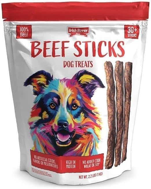 Irish Rover Beef Sticks Dog Treats, 30 Count, Net Weight 2.2 lbs, (1kg) -100% Beef, High Protein, No Artificial Colors, No Artificial Flavors and Preservatives.