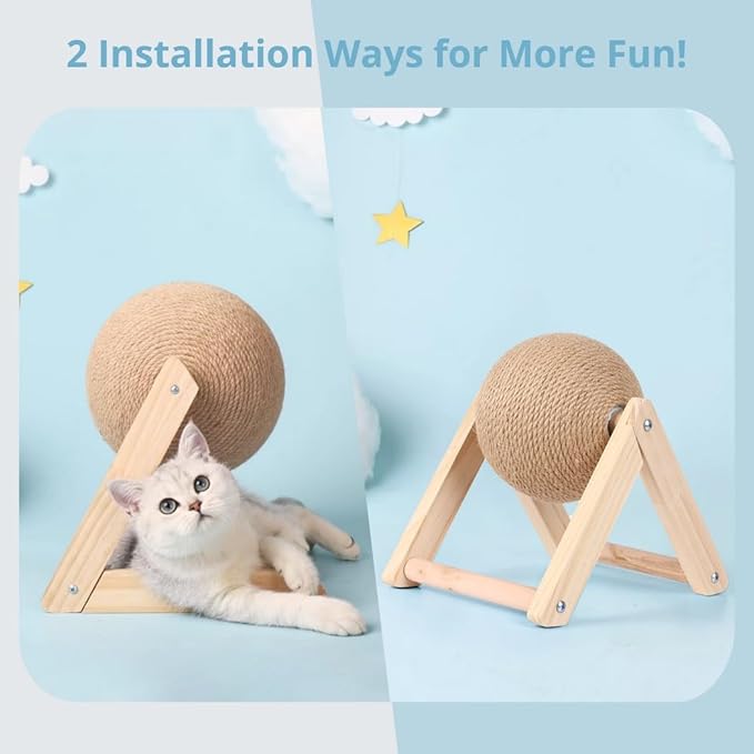 Rabbit Scratcher Toy with Rotating Sisal Ball, Solid Wood Support & Play Base for Small Pets