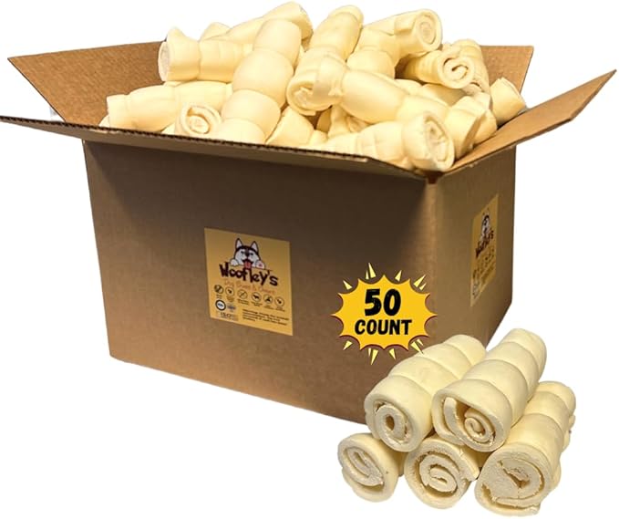 Woofley's 6 inches Buffalo Beef Cheek Roll -(50 Count)- Beef Cheek Rolls for Dogs - Long Lasting Natural Dog Chews