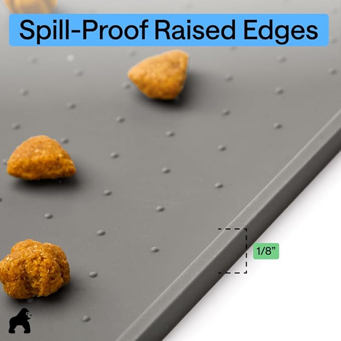 GORILLA GRIP 100% Waterproof Raised Edge BPA Free Silicone Pet Feeding Mat, Dog Cat Food Mats Contain Spills Protects Floors, Placemats for Cats and Dogs Water Bowl, Pets Accessories 23x15 Gray