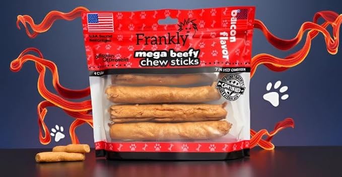 Frankly Pet Original Bacon Flavored Mega Beefy Chew Sticks for Dogs - High Protein Collegen Packed - Healthy Dog Treat - Made in The U.S.A. - 4 Count 7" Stick (8869)