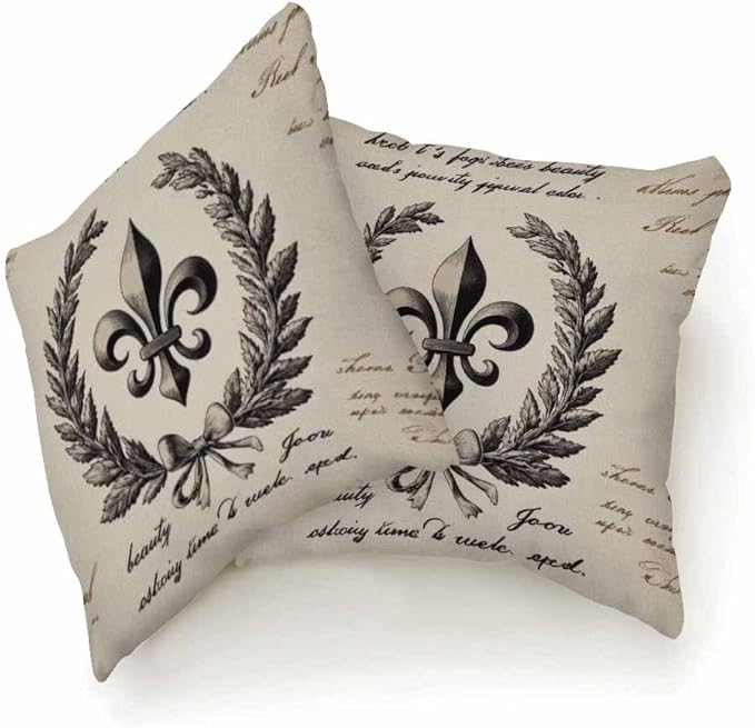Cushion Covers Retro Letter Paper Fleur De Lis Vintage Style Square Soft,Pillow Cases Decor for Couch Bedroom Sofa Living Pack of 2 Size 18X18 Inch