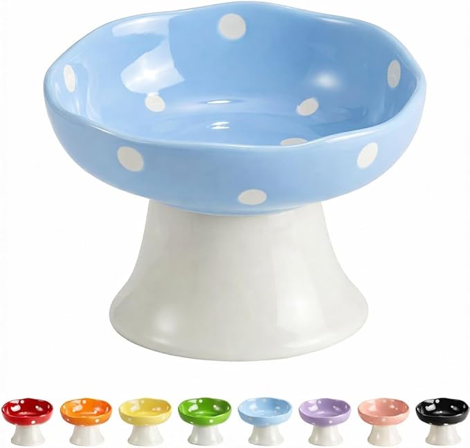 Ceramic Elevated Cat Bowls, Tilted Raised Pet Dish for Indoor Cats, Whisker Friendly Pet Food and Water Bowl for Kitten, Cat, Puppies, Dishwasher Safe (Blue)