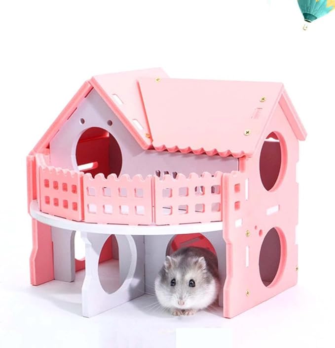 Hamster Cage Double Deck Hamster Nest Villa House Small Pet Cage Toy Pink Cottage with Stairs