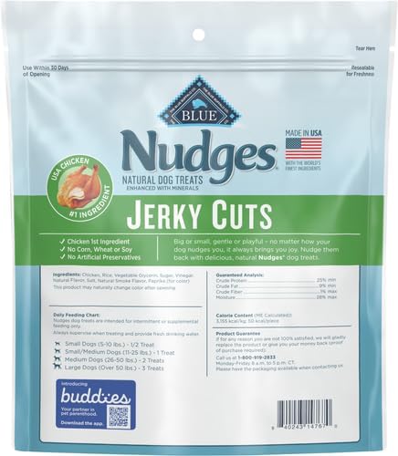 Blue Buffalo Nudges Jerky Cuts Dog Treats, Made in the USA with Natural Ingredients, Chicken, 10-oz Bag (Pack of 6)