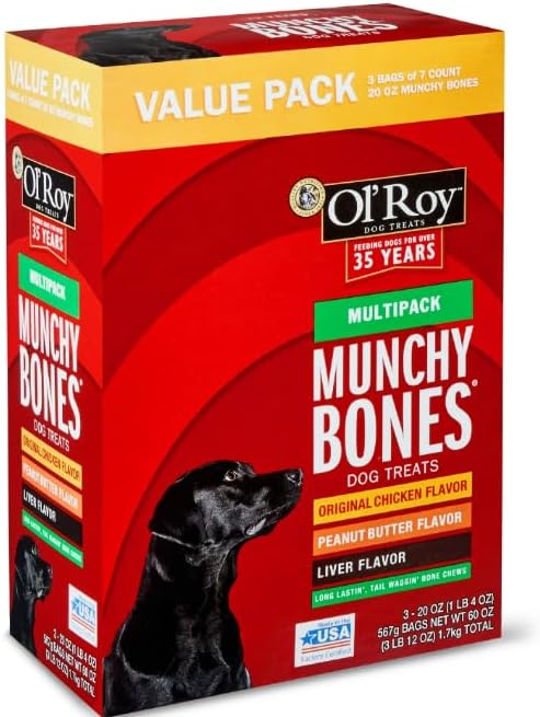 O- Roy Munchy Bones Dog Treats Variety Box, Chicken, Peanut Butter, Liver, 21 ct