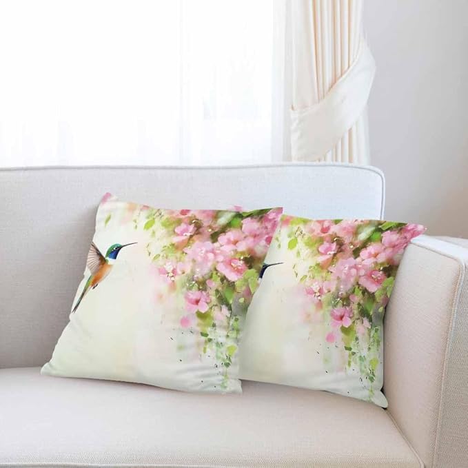 Pillow Covers Flying Hummingbird and Pink Flowers Oil Painting 18X18 Inch,Throw Pillow Covers Decor for Couch Bedroom Living for Men Women Pack of 2