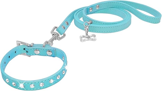 Dogs Kingdom 10 "-16.5" Total Length Suede Skin Jeweled Rhinestones Pet Dog Collar Leash Set Sparkly Crystal Diamonds Studded Leather Puppy Dog Cat Collar Leash Set Blue XXS