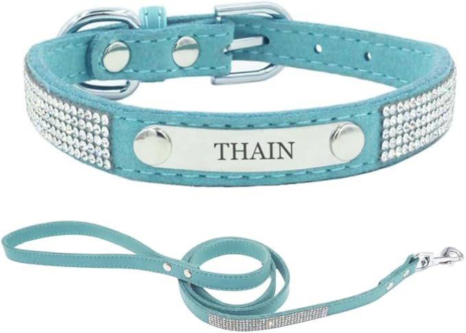THAIN Rhinestones Personalized Dog Cat Collar Bling Diamond with Engraved Stainless Steel Nameplate for Small Medium Large Dogs (Light Blue Set, S)