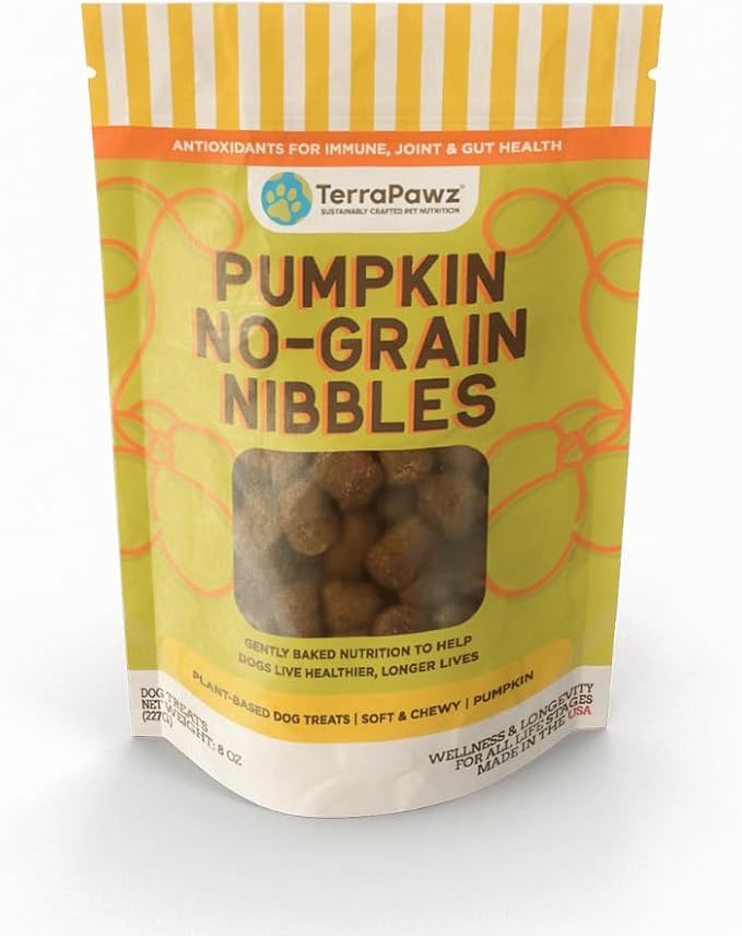 TerraPawz Vegan Dog Training Treats for Sensitive Stomachs – Pumpkin Flavor, Plant-Based & Grain-Free with Turmeric & Omegas for Digestive Health, for All Dog Sizes Including Large Breeds (8 oz)