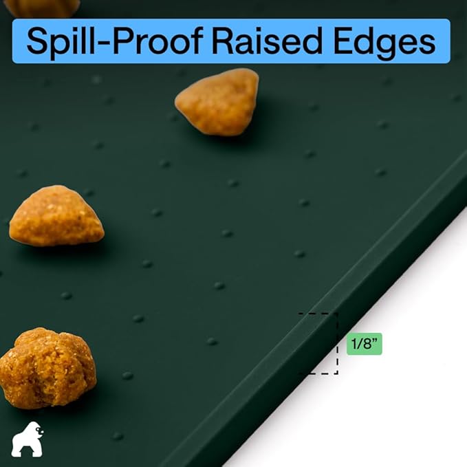GORILLA GRIP 100% Waterproof Raised Edge BPA Free Silicone Pet Feeding Mat, Dog Cat Food Mats Contain Spills Protects Floors, Placemats for Cats and Dogs Water Bowl, Pets Accessories 16x10, Green