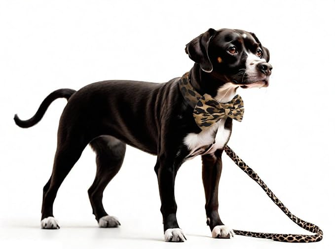 Soft Comfortable Adjustable Leopard Print Pet Collar with Bowtie, Heavy Duty Dog Collar and Leash Set for Small Medium Large Dogs Cats, Puppy Grooming Doggy Accessories, Length 12"-16"